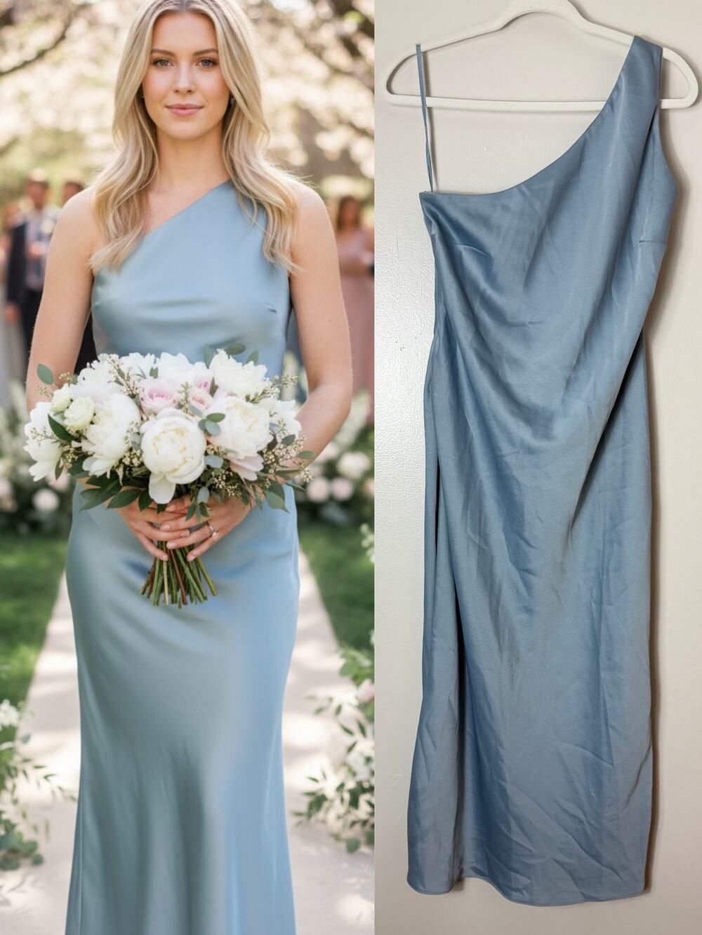 BHLDN Blue Satin Dress Wedding Guest Bridesmaid Evening Formal One Shoulder